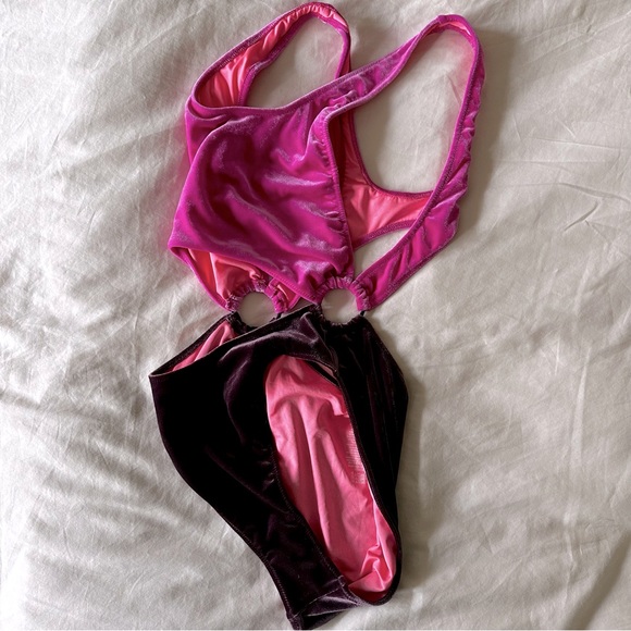 VS Pink vintage style pink/mulberry colored velvet cut out swimsuit. Size Small - Picture 6 of 11
